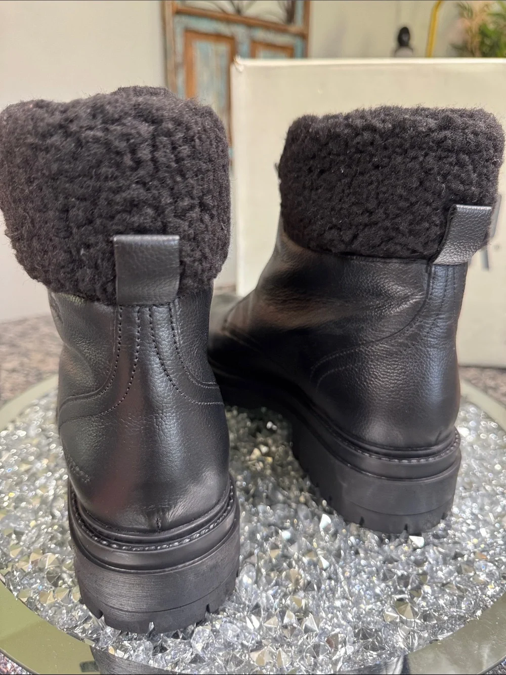Cougar Vow Black Waterproof Leather Winter Ankle Boots with Shearling Cuff NEW